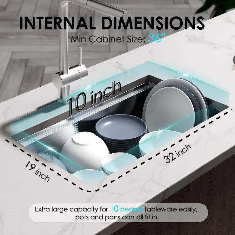 Workstation kitchen sink with ledges for sliding accessories like cutting boards and strainers.