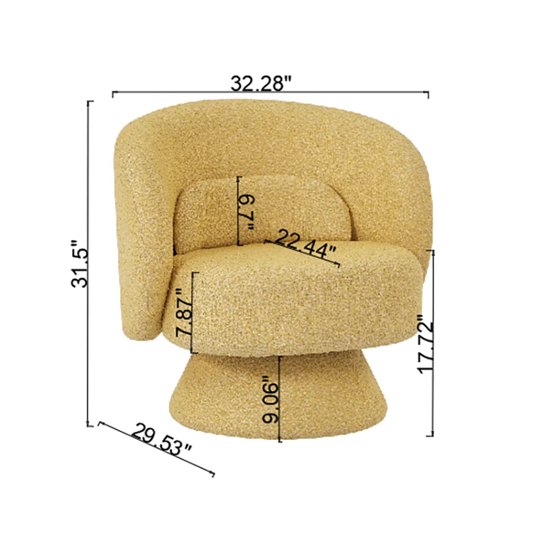 Dimension diagram showing seat width, depth, and overall height of a yellow sherpa swivel accent chair with a barrel design and toss pillow.

